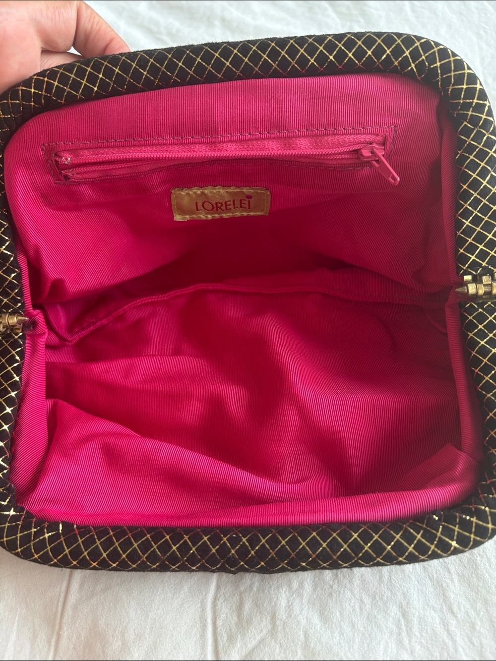 NWOT Vintage Lorelei Gold Geometric Lattice Clutch Hot Pink Lining - Picture 7 of 9